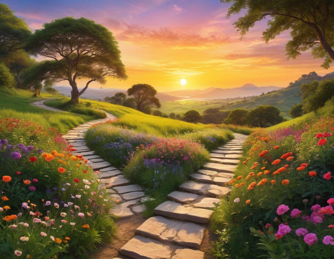 A serene landscape depicting a winding pathway surrounded by lush greenery, gentle hills, and vibrant flowers leading to a glowing sunset. Along the path, various symbols representing happiness—like smiling faces, hearts, and books—are subtly integrated into the scenery. A figure can be seen walking thoughtfully on the path, embodying the quest for contentment. super-realistic. vibrant colors. tranquil atmosphere.