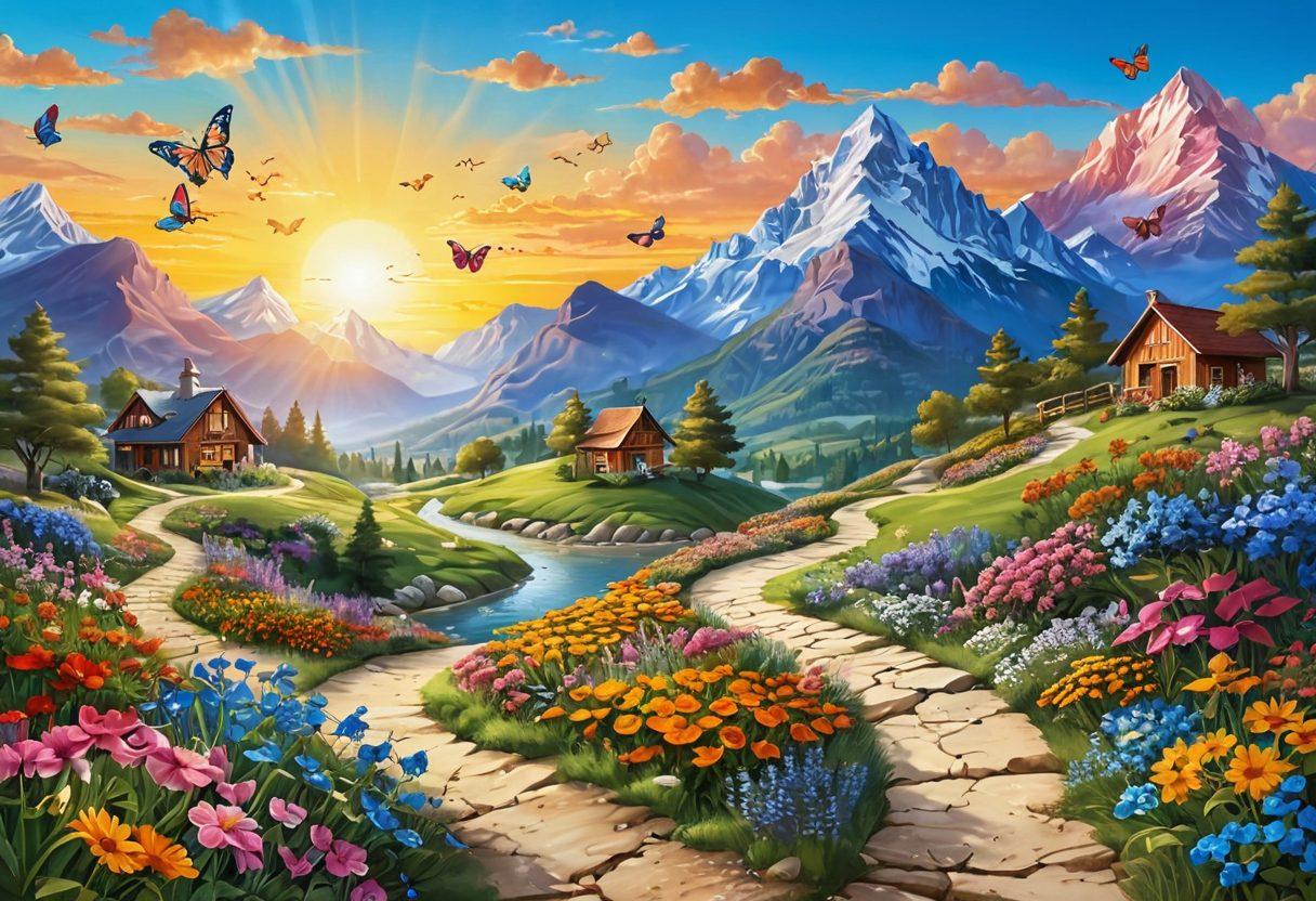 A vibrant landscape filled with symbols of joy: sunshine, blooming flowers, colorful butterflies, and cheerful icons like smiles and hearts. Feature a winding path leading through this idyllic scene, inviting viewers to explore the essence of a cheerful life. The background should be dotted with mountains under a bright blue sky. super-realistic. vibrant colors. white background.