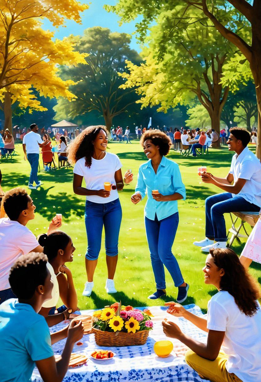 A vibrant scene depicting diverse people connecting joyfully in a park setting, sharing laughter and smiles while engaging in various activities like picnics, dancing, and playing games, surrounded by colorful flowers and sunny skies. Emphasize the warmth of friendship and happiness, with soft golden light illuminating the scene. super-realistic. vibrant colors. natural background.